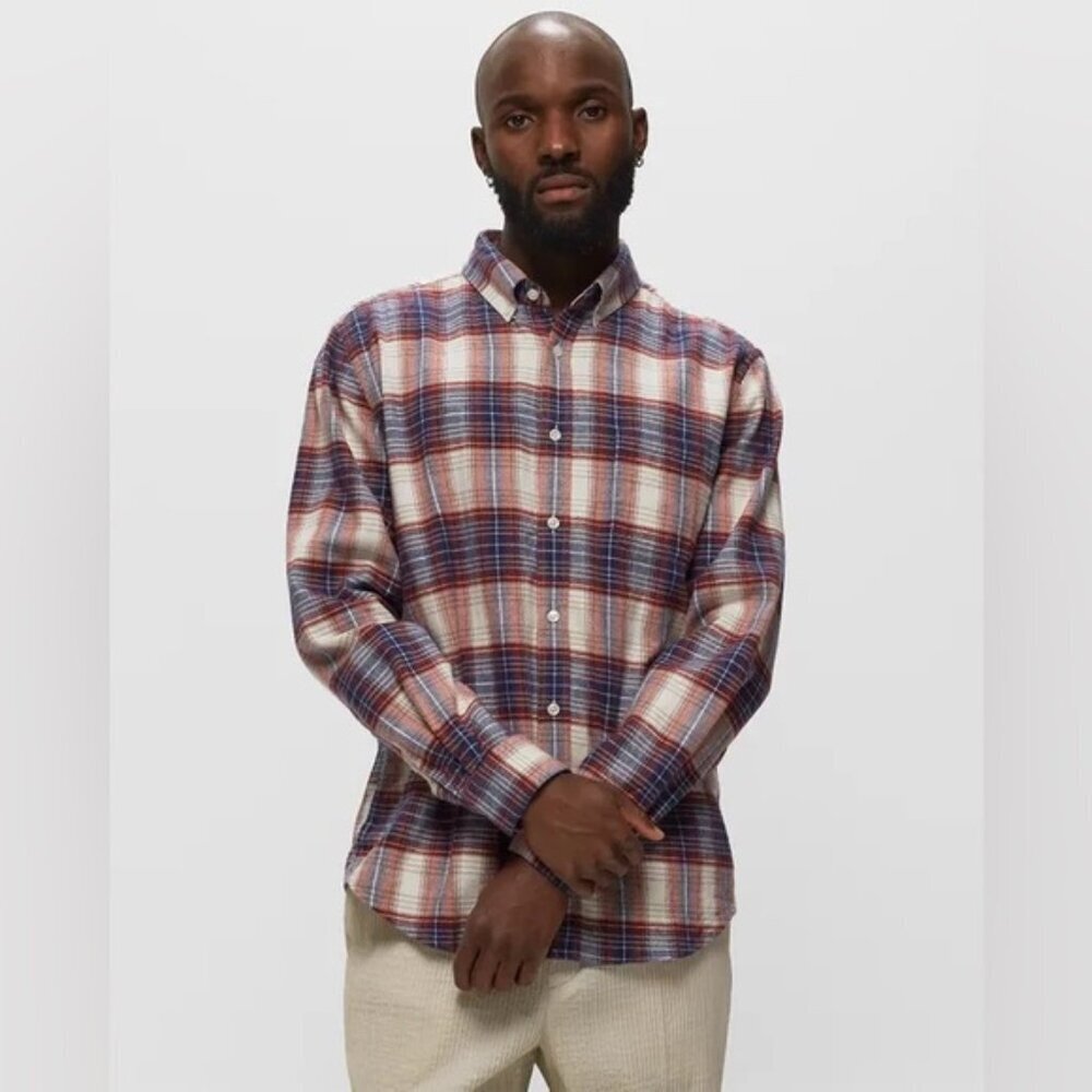 Portuguese Flannel Red Blue Cream Plaid Shirt Men’s Large 100% Cotton